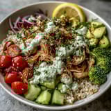 A hearty Rotisserie Chicken Bowl drizzled with creamy tzatziki sauce and sesame seeds.