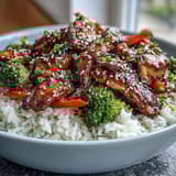 Sticky glazed Honey Garlic Chicken Bowl served over white rice with crisp vegetables and sliced green onions.