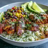A hearty Cajun Chicken Bowl garnished with creamy avocado slices and fresh cilantro, ready to enjoy.