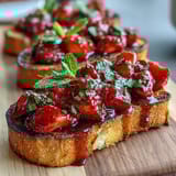 Fresh strawberry bruschetta with balsamic glaze and mint served on golden toasted baguette slices, perfect for summer entertaining.