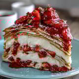 Elegant strawberry crepe cake with creamy vanilla filling and sliced fruit between each layer.  