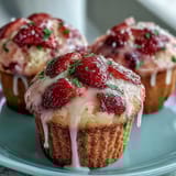 Moist and fluffy strawberry lemon muffins topped with a sweet-tart lemon glaze, bursting with fresh fruit.  