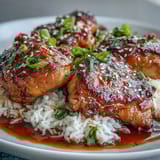 Slow-cooked honey garlic chicken with aromatic rice, garnished with green onions and sesame seeds for extra flavor.  