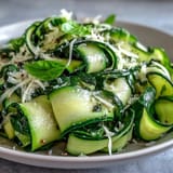 Shaved Zucchini Ribbon Salad with Lemon and Parmesan, topped with fresh basil.