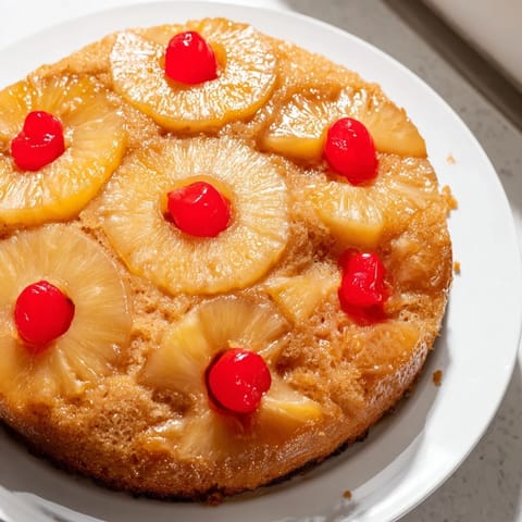Golden-brown Pineapple Upside-Down Cake showcasing caramelized pineapple and vibrant cherries, ready to serve.