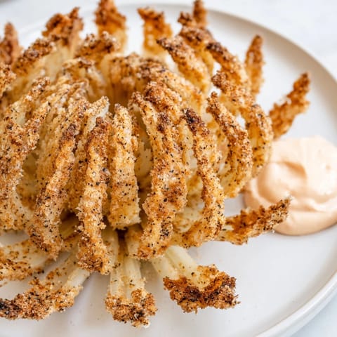 Crispy golden blooming onion, a deep-fried appetizer with a creamy, zesty dipping sauce.