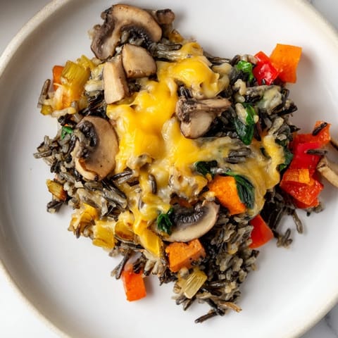 A comforting baked wild rice casserole, filled with colorful veggies and savory broth, perfect for serving.