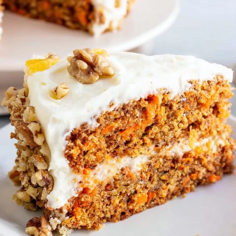 Moist carrot cake slice on a plate, frosted with creamy cheese, ready to eat now.