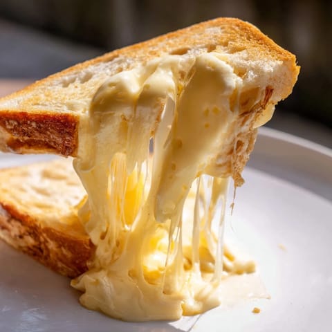 Golden-brown Three-Cheese Grilled Cheese sandwich rests on a plate, showcasing melted mozzarella, cheddar, and provolone oozing from between crispy sourdough slices, served with a side of tomato soup.
