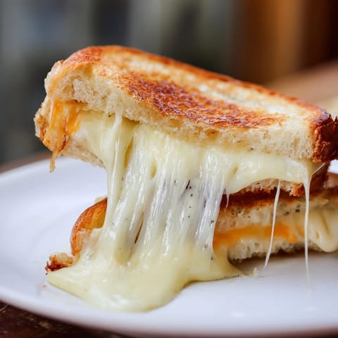 Toasted Three-Cheese Grilled Cheese sandwich, cut diagonally, reveals a gooey blend of sharp cheddar, mozzarella, and provolone, highlighting the crispy buttery crust on rustic country-style bread.