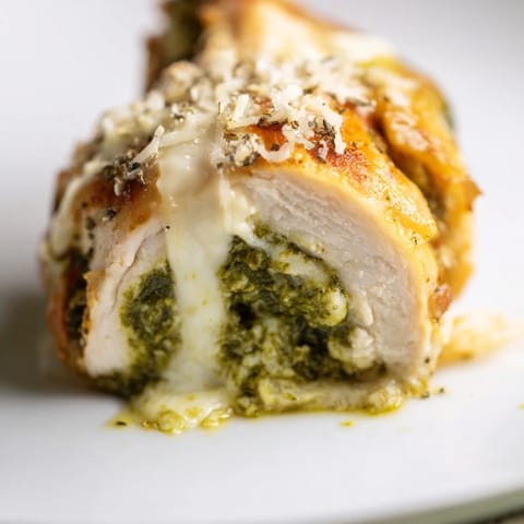 A close-up view of Mozzarella & Pesto Stuffed Chicken reveals juicy meat and vibrant basil pesto spilling from the pocket.