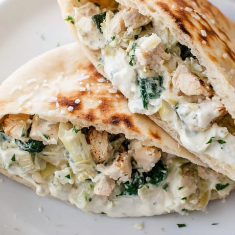 Savory spinach artichoke chicken stuffed pita with melted mozzarella, fresh parsley, and a squeeze of lemon.