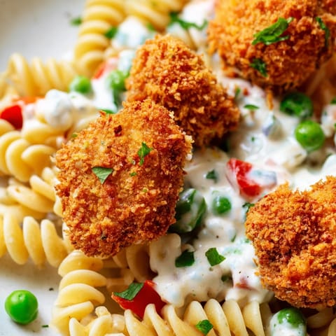 A hearty serving of Crispy Chicken Ranch Pasta Salad, perfect for a summer picnic or satisfying lunch, garnished with fresh dill and parsley.  