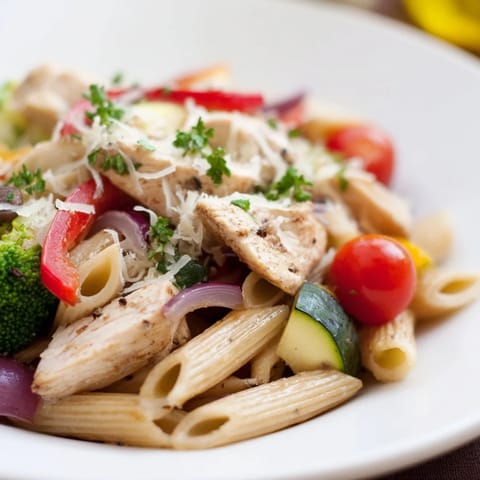 Roasted garlic herb chicken and vegetable penne pasta tossed in a light, aromatic sauce.