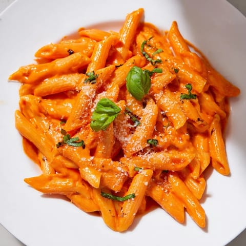 Creamy Roasted Red Pepper Pasta twirled in a velvety, bright orange sauce, topped with fresh basil and grated Parmesan.