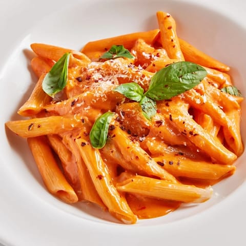 A skillet of Creamy Roasted Red Pepper Pasta beside a glass of white wine, steam rising from the saucy penne.