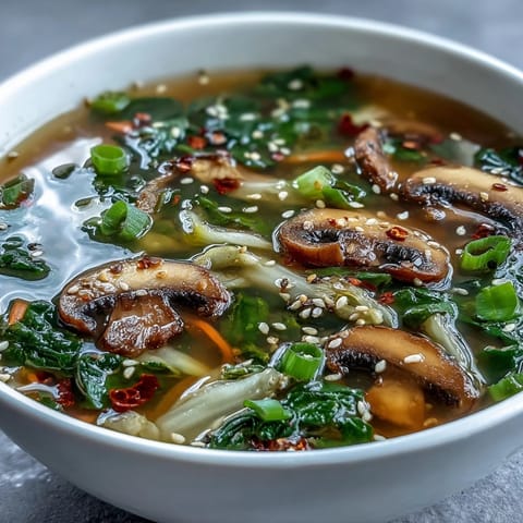 Steaming bowl of Ginger-Miso Winter Soup, filled with tender napa cabbage, julienned carrots, and sliced shiitake mushrooms in a golden broth.  