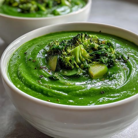 Bright green creamy Big Green Immunity-Boosting Vegetable Soup steaming in a white bowl, topped with fresh spinach leaves.
