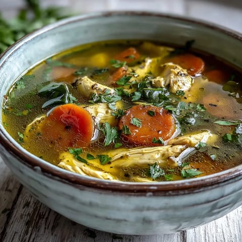 A steaming bowl of Turmeric Chicken Soup with tender chicken, carrots, and wilted spinach in a golden broth.  