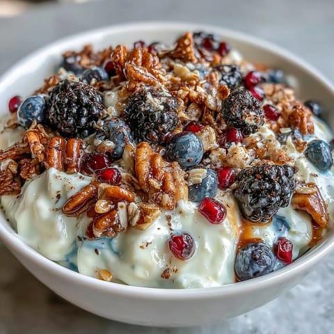 A close-up of a Yogurt Bowl with Winter Berries and Spiced Crunch, with creamy yogurt and crunchy, cinnamon-kissed oats.  