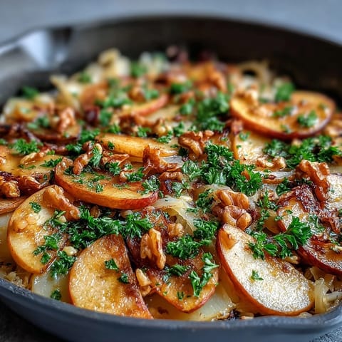 Warm Apple and Sauerkraut Skillet Salad glistening with olive oil, featuring golden sautéed apples and tender onions in a rustic cast iron pan.