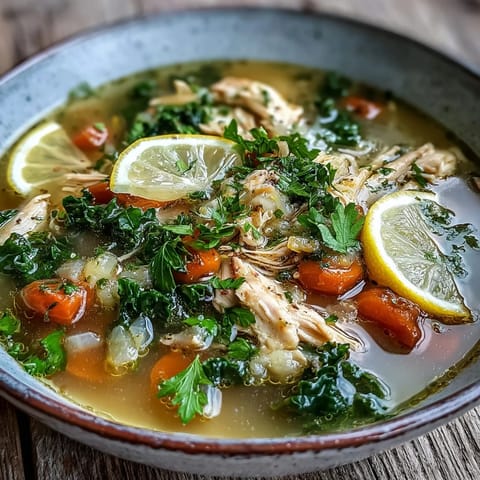 This nourishing High Protein Lemon and Turmeric Chicken Soup steams from a ladle, revealing golden broth, wilted greens, and savory chicken pieces.  