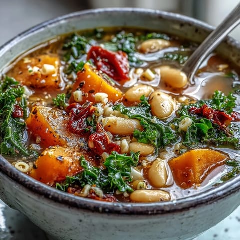 Serving suggestion of Winter Minestrone Soup topped with Parmesan and fresh parsley.