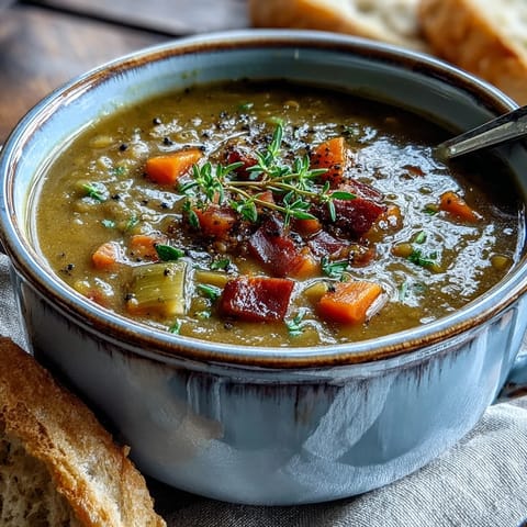 Creamy Split Pea and Ham Soup served in a rustic mug, next to a slice of buttered crusty bread for dipping.