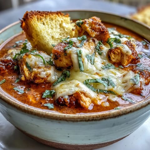 Steaming bowl of Grilled Chicken Parmesan Soup topped with melted cheeses and fresh basil.