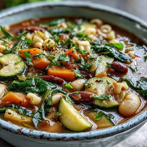 A steaming bowl of Minestrone Soup topped with fresh parsley and parmesan, served alongside crusty artisan bread on a rustic table.
