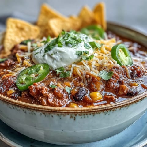 Steaming Taco Soup with ground beef, beans, and corn served with tortilla chips for dipping.