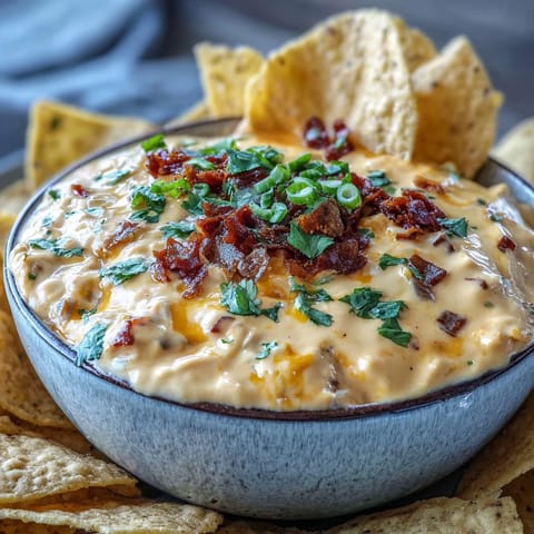 Steaming bowl of Queso Dip garnished with fresh cilantro, green onions, and diced tomato.