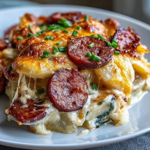 Creamy sauce and fresh chives garnish this hearty Crockpot Pierogi Casserole With Kielbasa for a comforting meal.