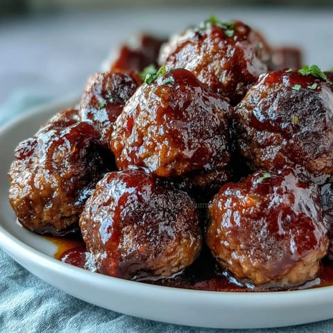 Slow-cooked Easy Sweet and Sour Crock Pot Meatballs glazed in a thick, sticky sauce served on a platter for a party appetizer.