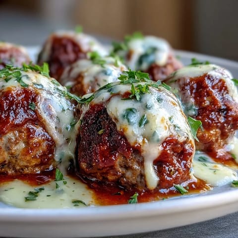 Golden-brown cheesy, garlicky meatballs rest in rich marinara sauce atop spaghetti, garnished with fresh basil.
