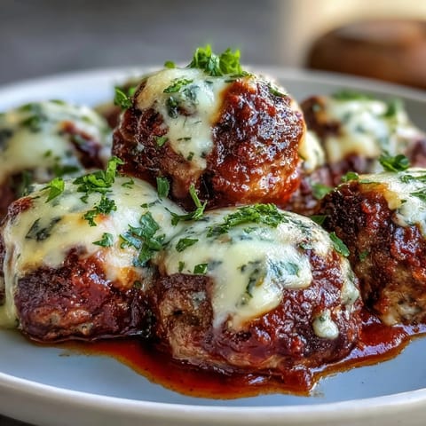 A close-up of cheesy, garlicky meatballs bubbling with melted cheese, served alongside a rustic loaf of bread.