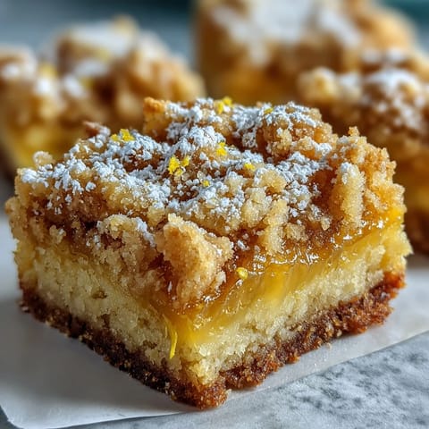 Chilled Homemade Lemon Crumb Bars are dusted with powdered sugar and served neatly on a white dessert plate.
