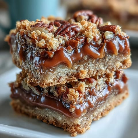 Decadent Sweet and Chewy Turtle Bars with Chocolate and Caramel are cut into squares, revealing gooey caramel and melted chocolate.