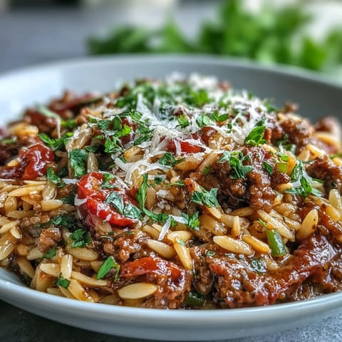 Fresh bell peppers and peas peek from the savory Comforting Ground Beef Orzo Dinner, served steaming in a rustic pan.