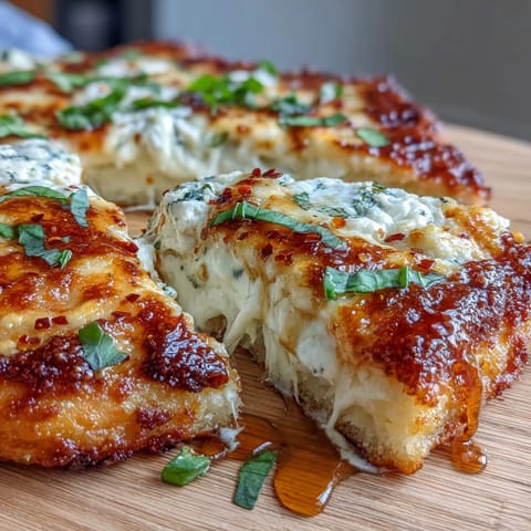 Freshly baked Hot Honey Ricotta Pizza with golden crust, creamy ricotta, bubbling mozzarella, and a glossy drizzle of spicy honey. 