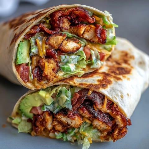 The freshly made Crispy Chicken Bacon Wrap rests on a plate with extra sauce, ready to be enjoyed for lunch.