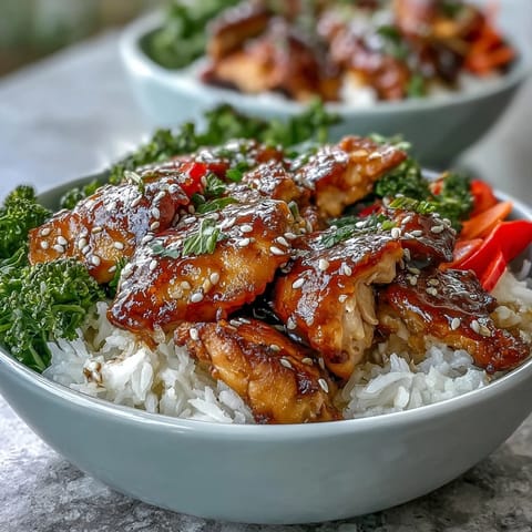 Golden Honey Garlic Chicken Bowl with fluffy rice, steamed broccoli, carrots, and bell peppers topped with sesame seeds.