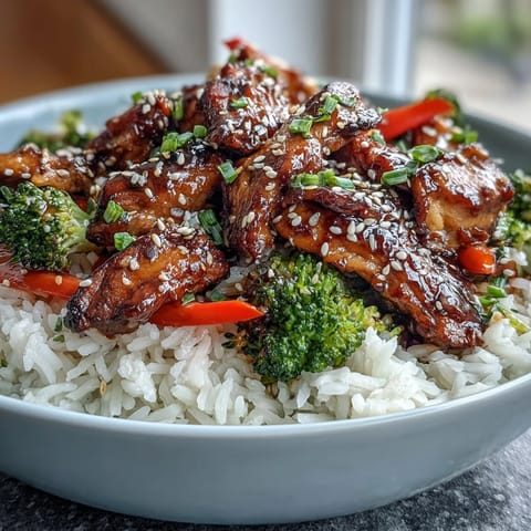 Sticky glazed Honey Garlic Chicken Bowl served over white rice with crisp vegetables and sliced green onions.
