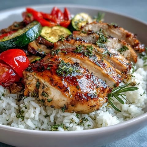 Sliced herb-roasted chicken breast over fluffy rice with roasted red peppers and zucchini, drizzled with a bright lemon dressing on top.