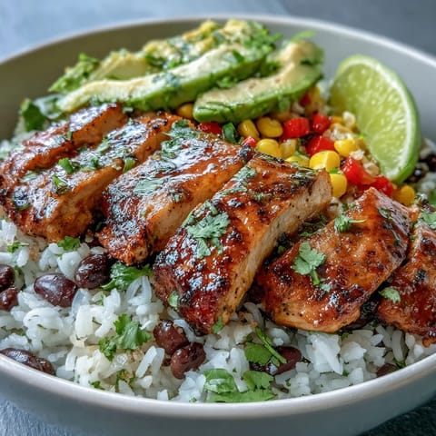 Golden Cajun-spiced chicken slices rest on fluffy rice, topped with colorful peppers, black beans, and sweet corn.