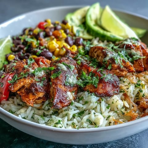 A hearty Cajun Chicken Bowl garnished with creamy avocado slices and fresh cilantro, ready to enjoy.
