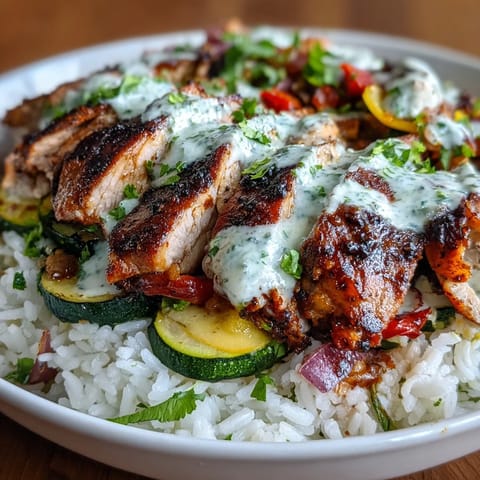 Freshly sliced blackened chicken breast rests over fluffy white rice and colorful sautéed vegetables, drizzled with creamy lime crema and topped with cilantro.