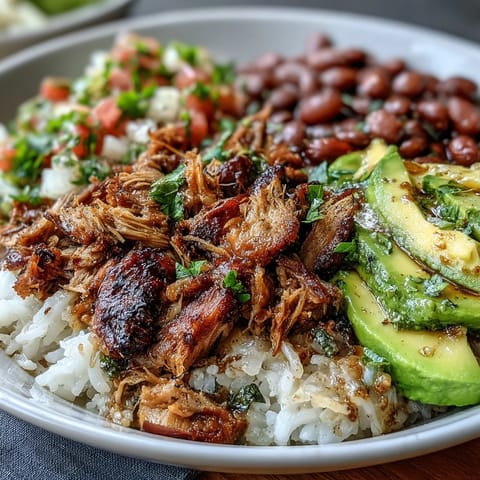 A top-down view of a hearty Carnitas Bowl with seasoned pork, fluffy rice, and creamy avocado slices.