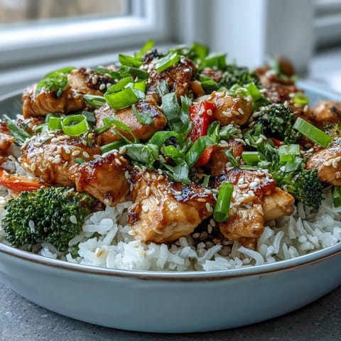 A colorful Chicken and Rice Bowl features sautéed bell peppers, carrots, and sesame seeds for an easy weeknight dinner.
