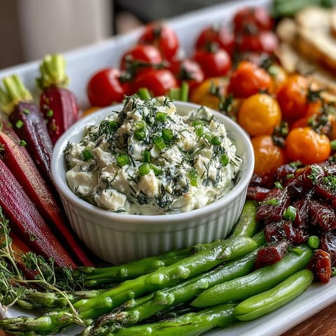 A colorful spring food board with radishes, peas, and herb dip for fresh entertaining.  